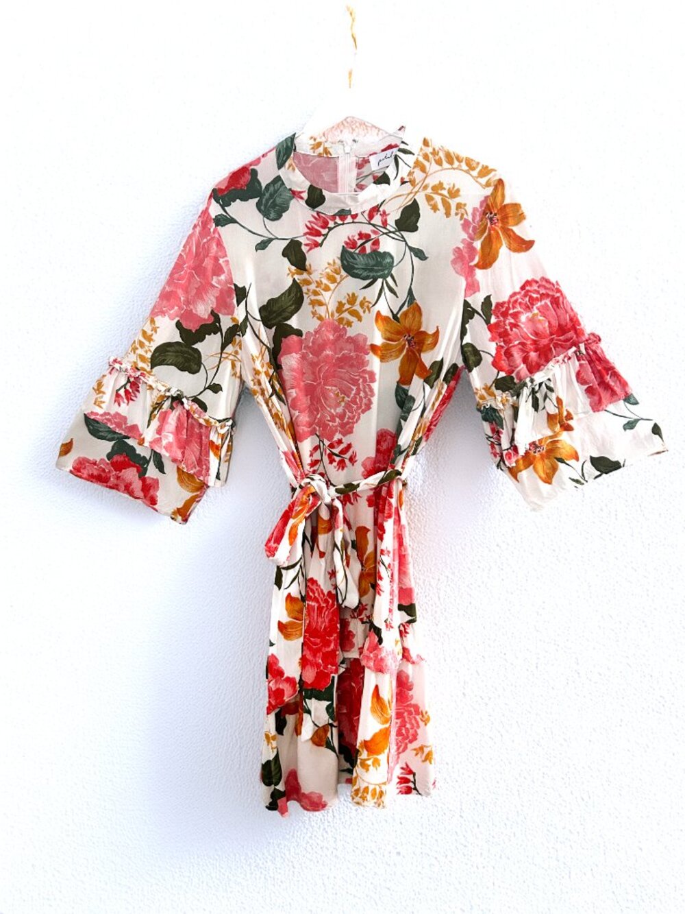 Petal & Pup Peta Floral Print Pink Peony Mini Dress Bell Ruffle Sleeve Size S - Picture 3 of 9